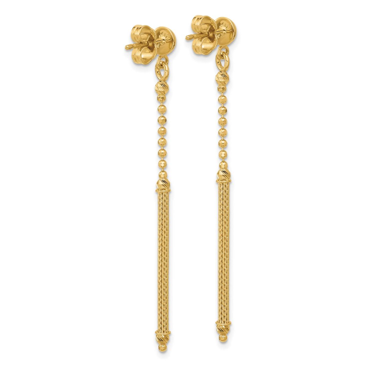 14K Yellow Gold Polished, Textured and Diamond-cut Bead with Bar Dangle Post Earrings