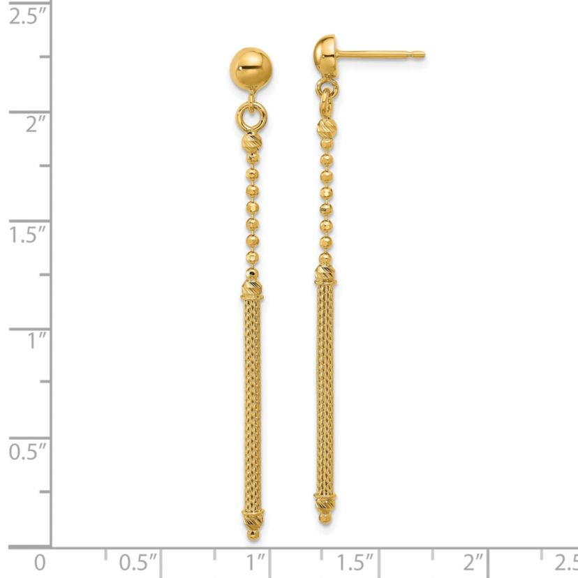 14K Yellow Gold Polished, Textured and Diamond-cut Bead with Bar Dangle Post Earrings