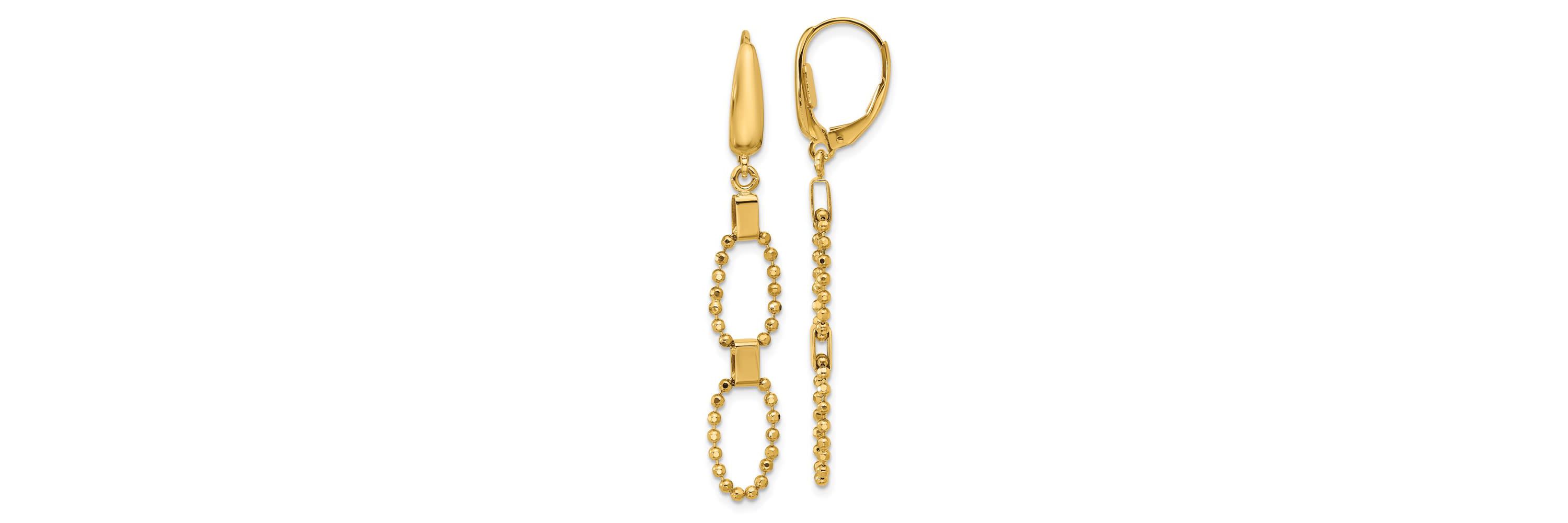 14K Yellow Gold Polished and Diamond-cut Beaded Link Dangle Leverback Earrings