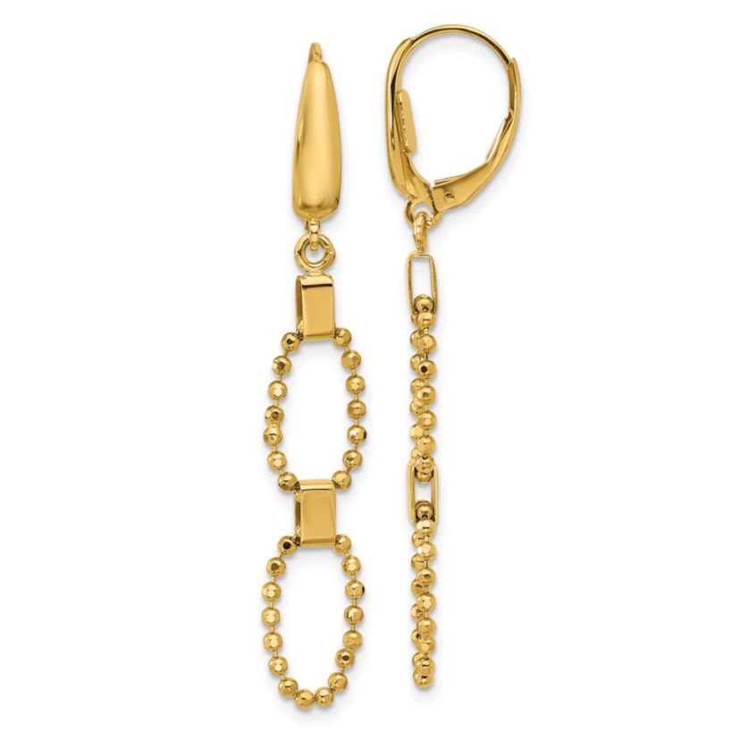 14K Yellow Gold Polished and Diamond-cut Beaded Link Dangle Leverback Earrings