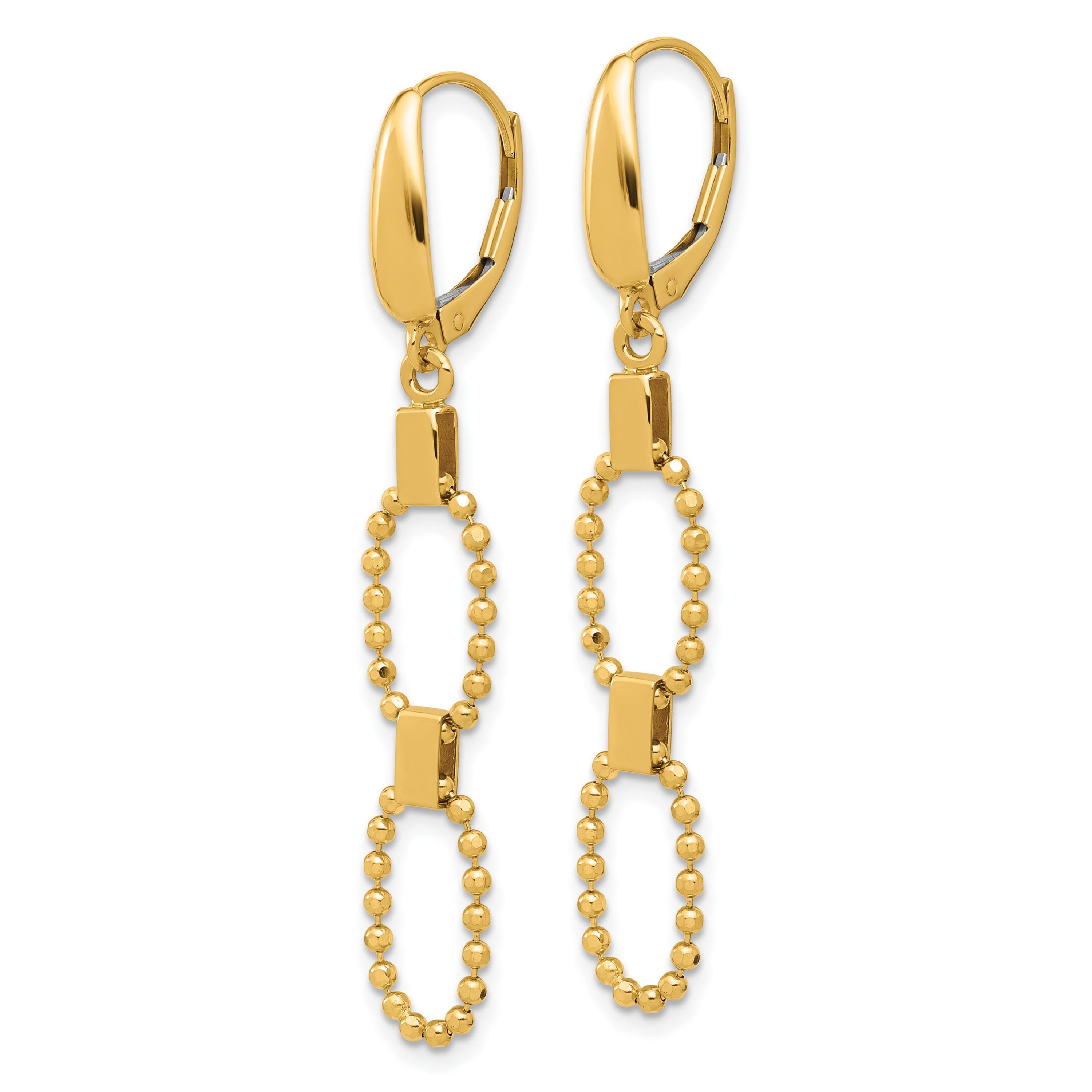 14K Yellow Gold Polished and Diamond-cut Beaded Link Dangle Leverback Earrings