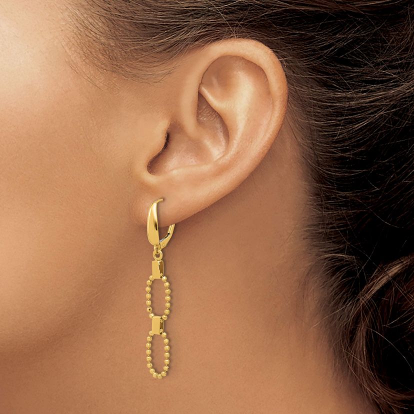 14K Yellow Gold Polished and Diamond-cut Beaded Link Dangle Leverback Earrings