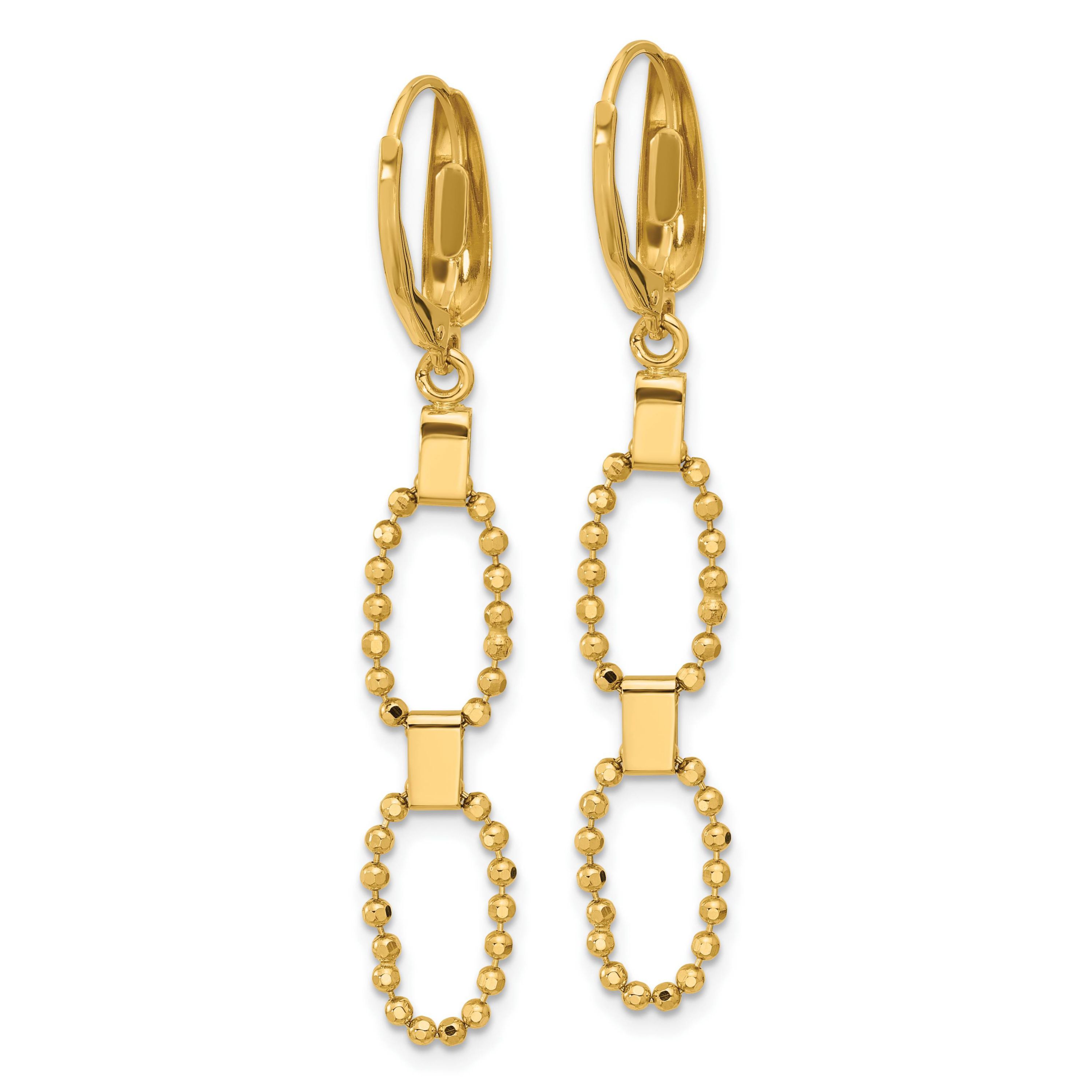 14K Yellow Gold Polished and Diamond-cut Beaded Link Dangle Leverback Earrings