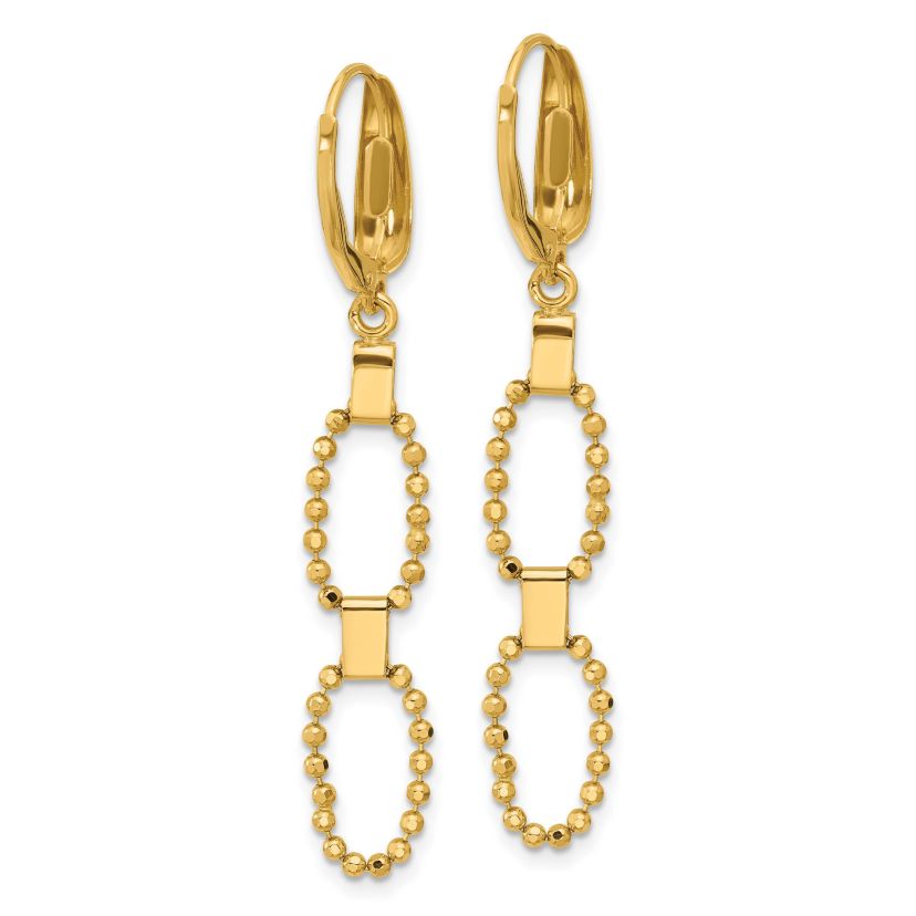 14K Yellow Gold Polished and Diamond-cut Beaded Link Dangle Leverback Earrings