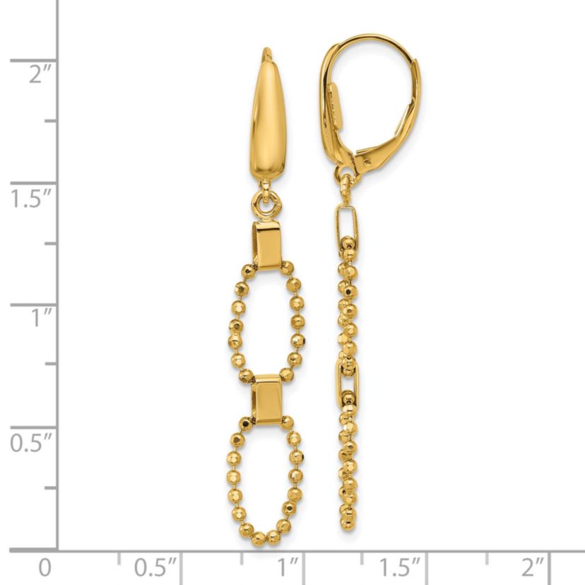 14K Yellow Gold Polished and Diamond-cut Beaded Link Dangle Leverback Earrings