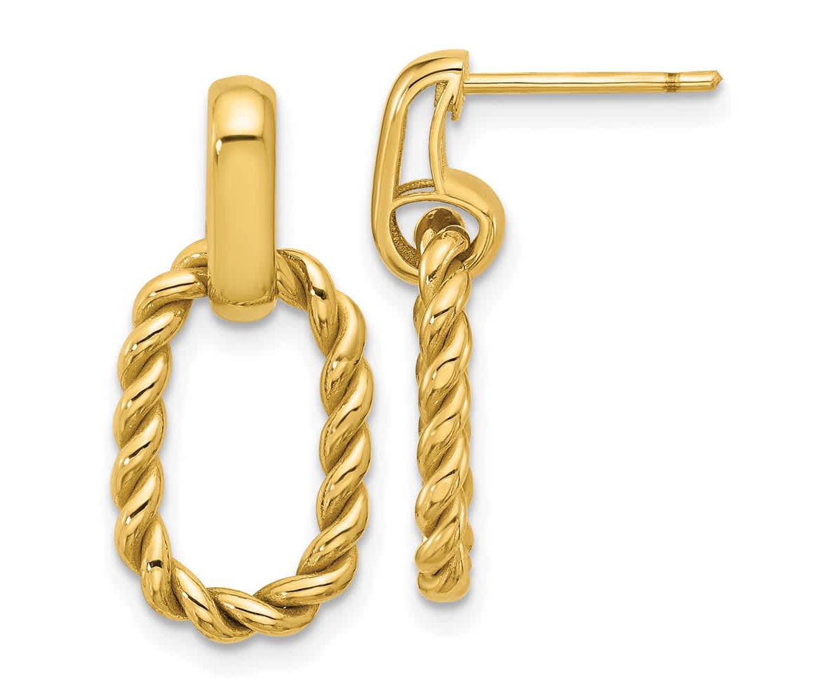 14K Yellow Gold Polished and Twisted Oval Link Dangle Post Earrings