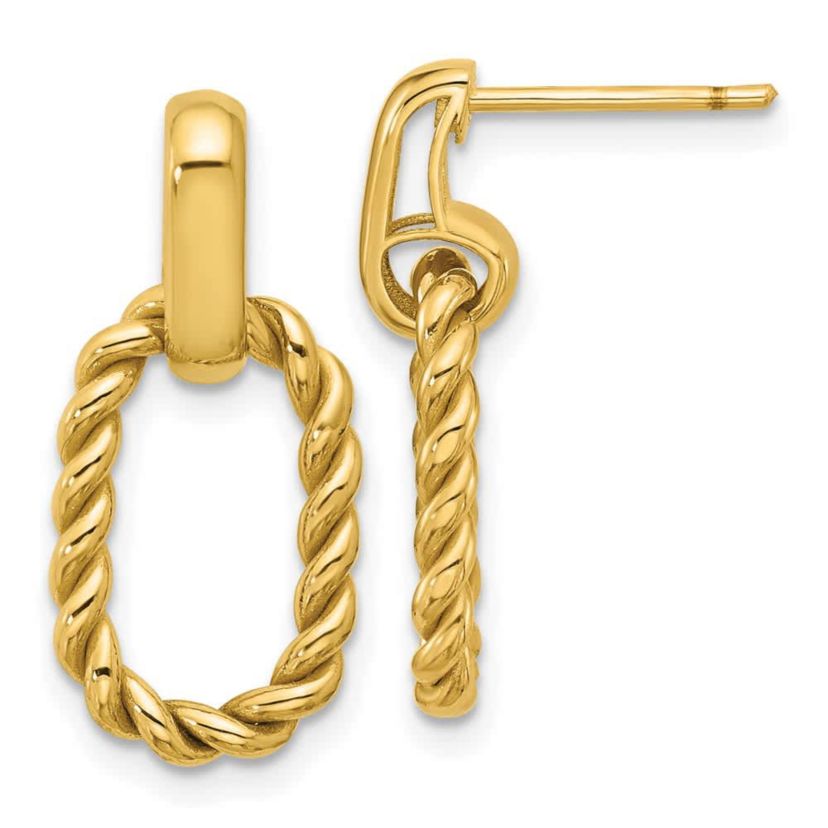 14K Yellow Gold Polished and Twisted Oval Link Dangle Post Earrings