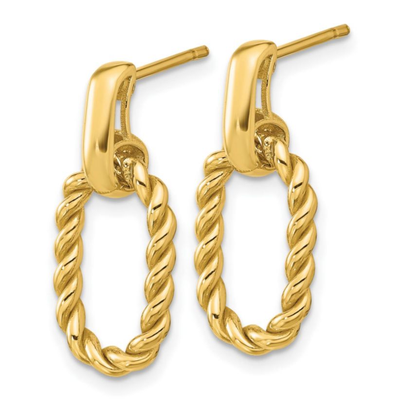 14K Yellow Gold Polished and Twisted Oval Link Dangle Post Earrings