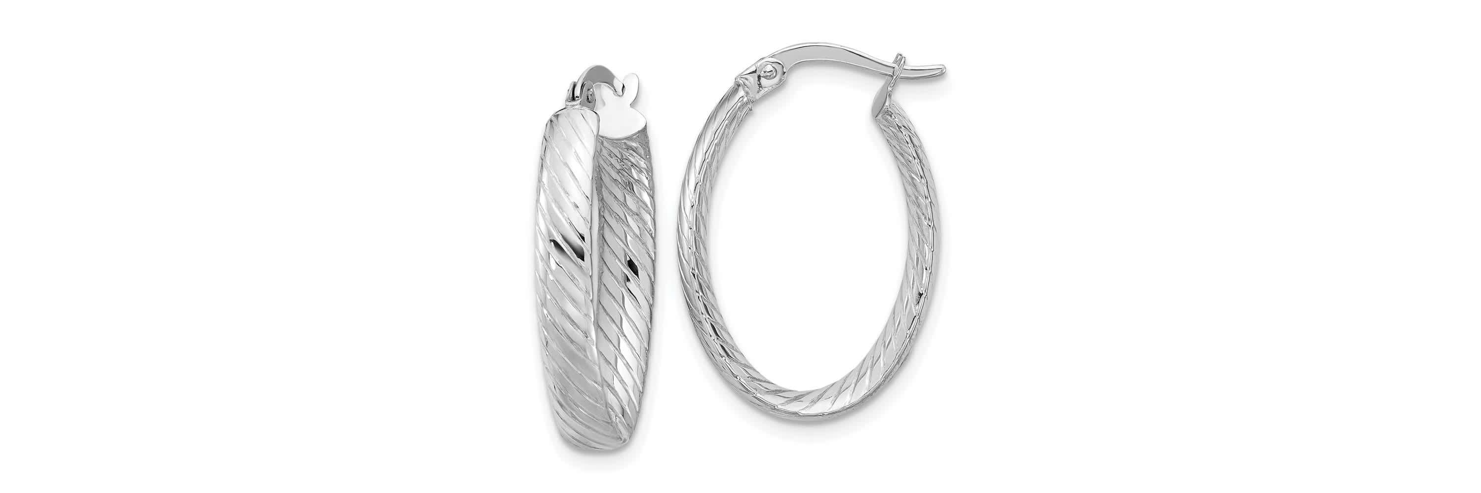14K White Gold Polished and Grooved Oval Hoop Earrings