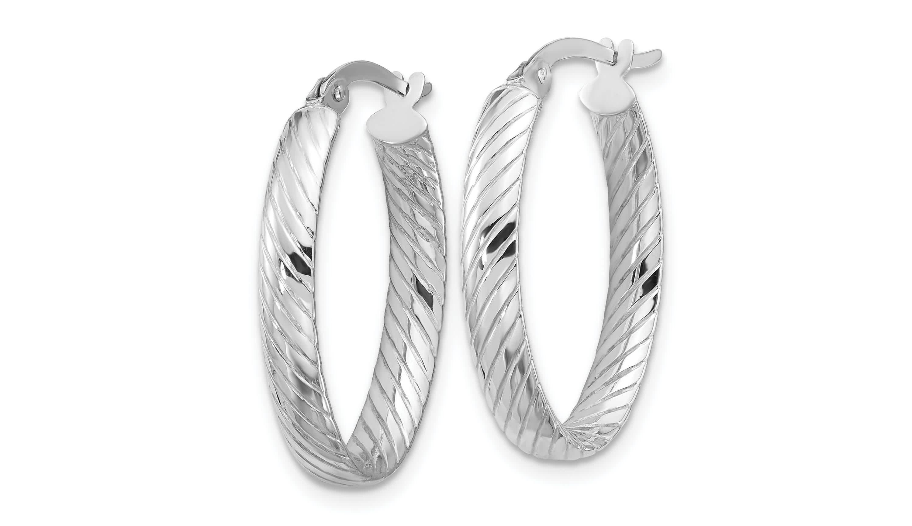 14K White Gold Polished and Grooved Oval Hoop Earrings