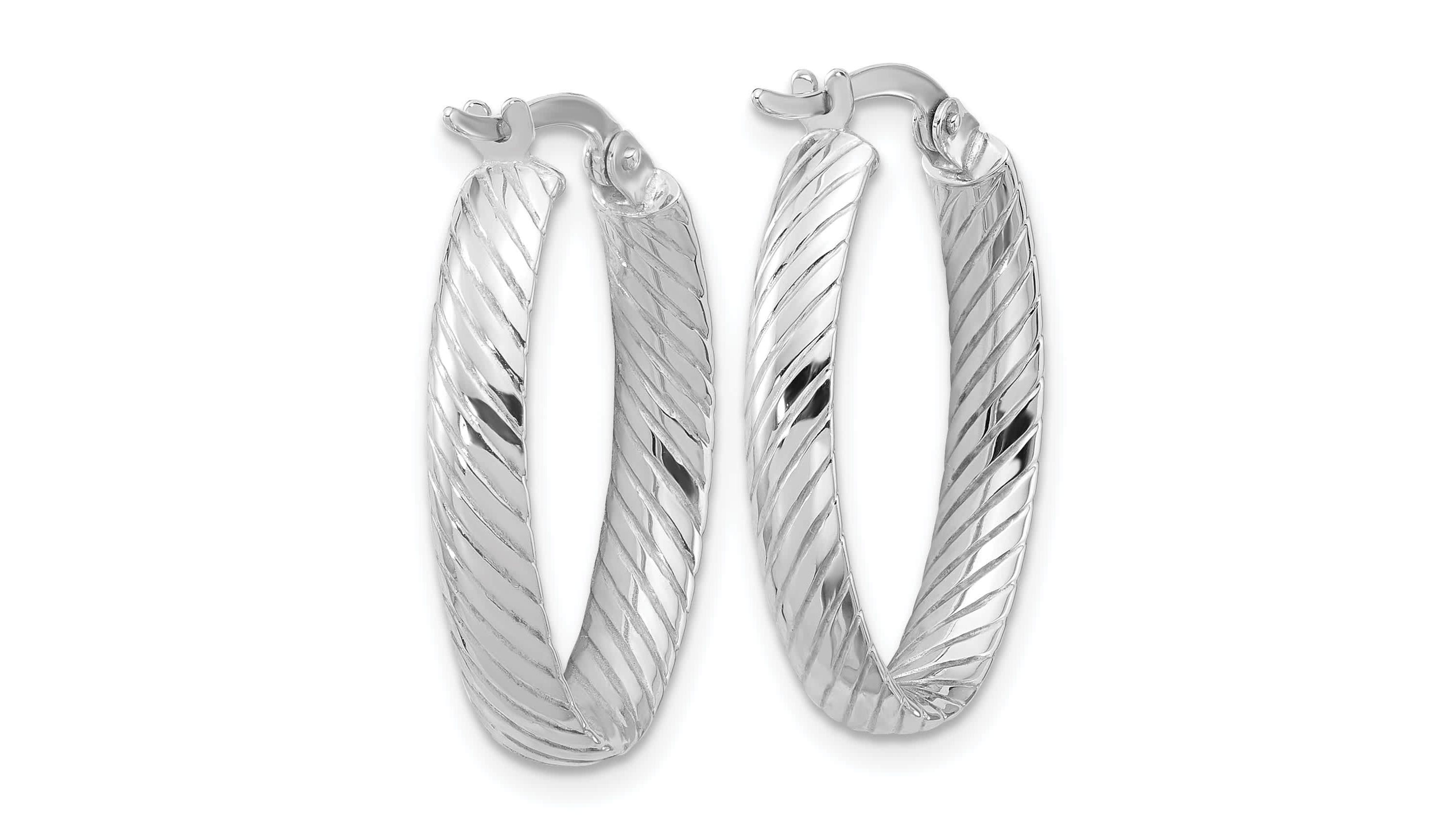 14K White Gold Polished and Grooved Oval Hoop Earrings