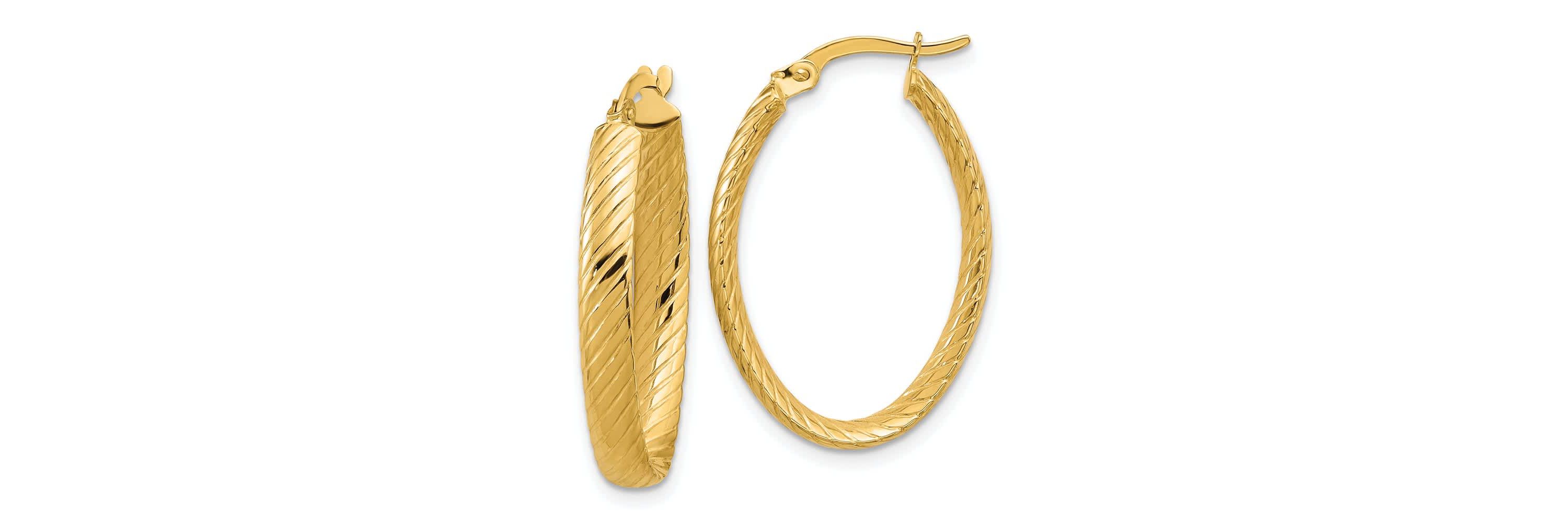 14K Yellow Gold Polished and Grooved Oval Hoop Earrings