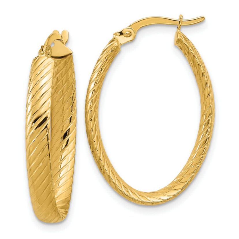 14K Yellow Gold Polished and Grooved Oval Hoop Earrings