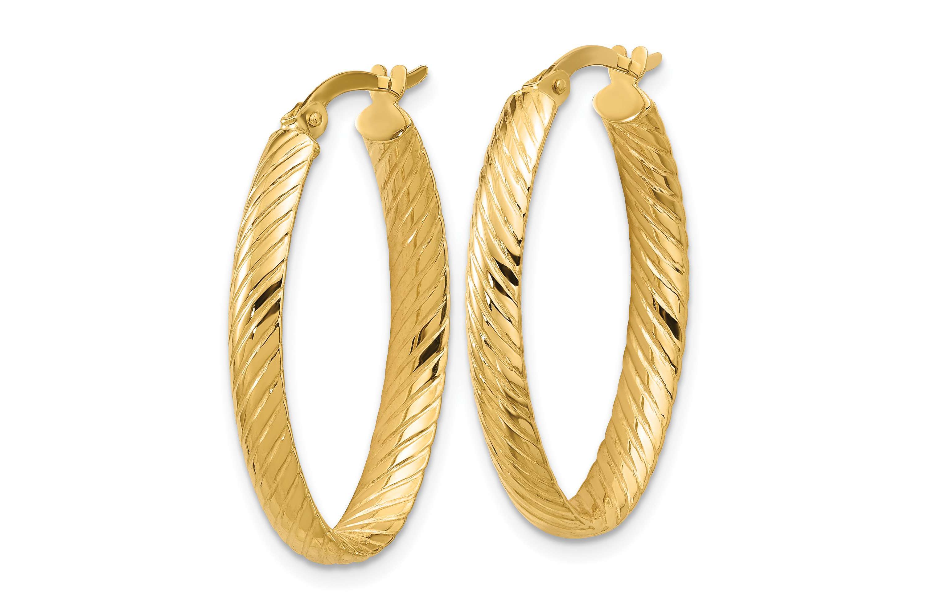 14K Yellow Gold Polished and Grooved Oval Hoop Earrings