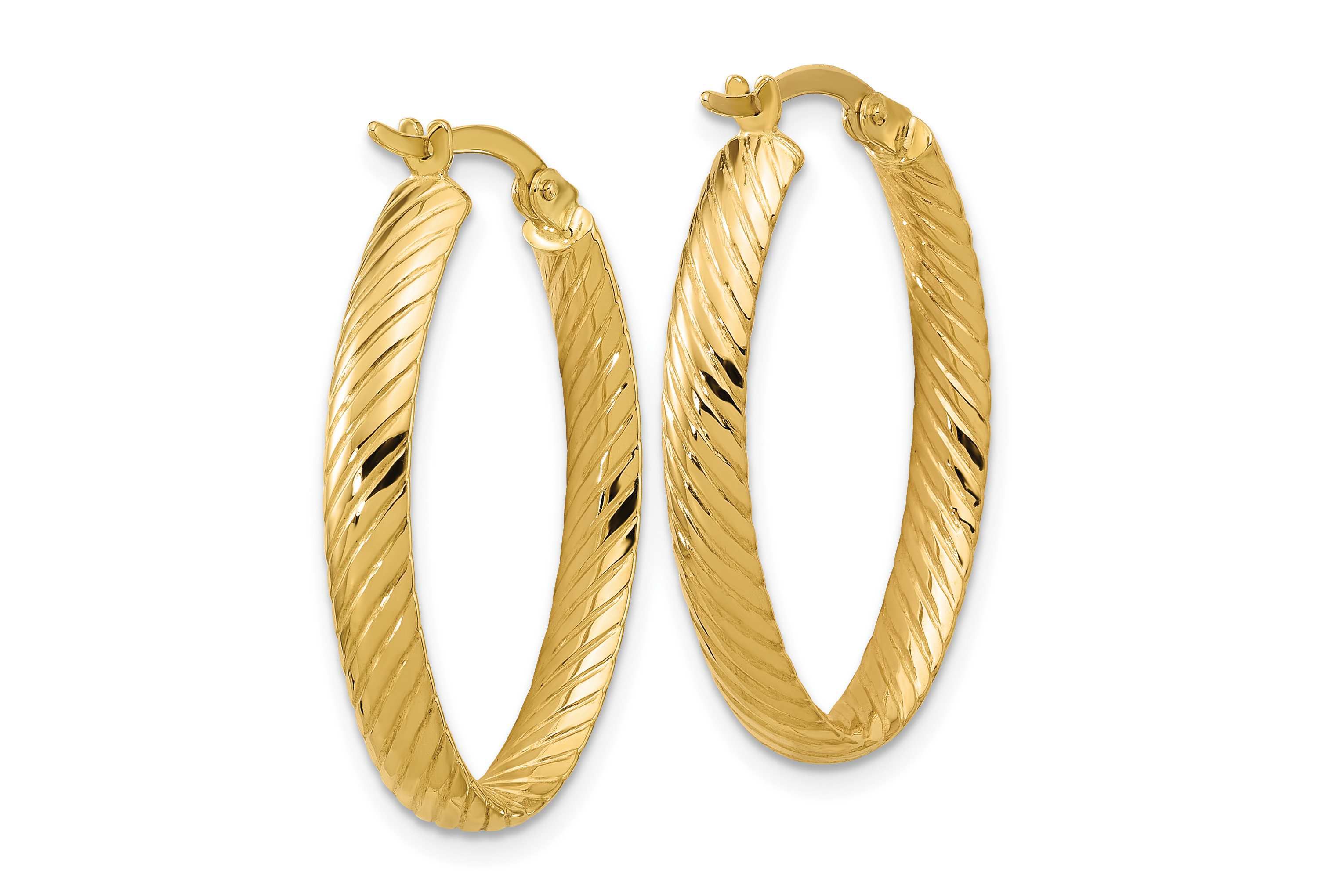 14K Yellow Gold Polished and Grooved Oval Hoop Earrings