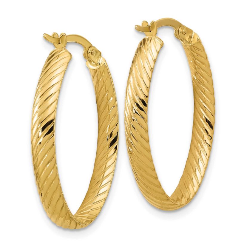 14K Yellow Gold Polished and Grooved Oval Hoop Earrings