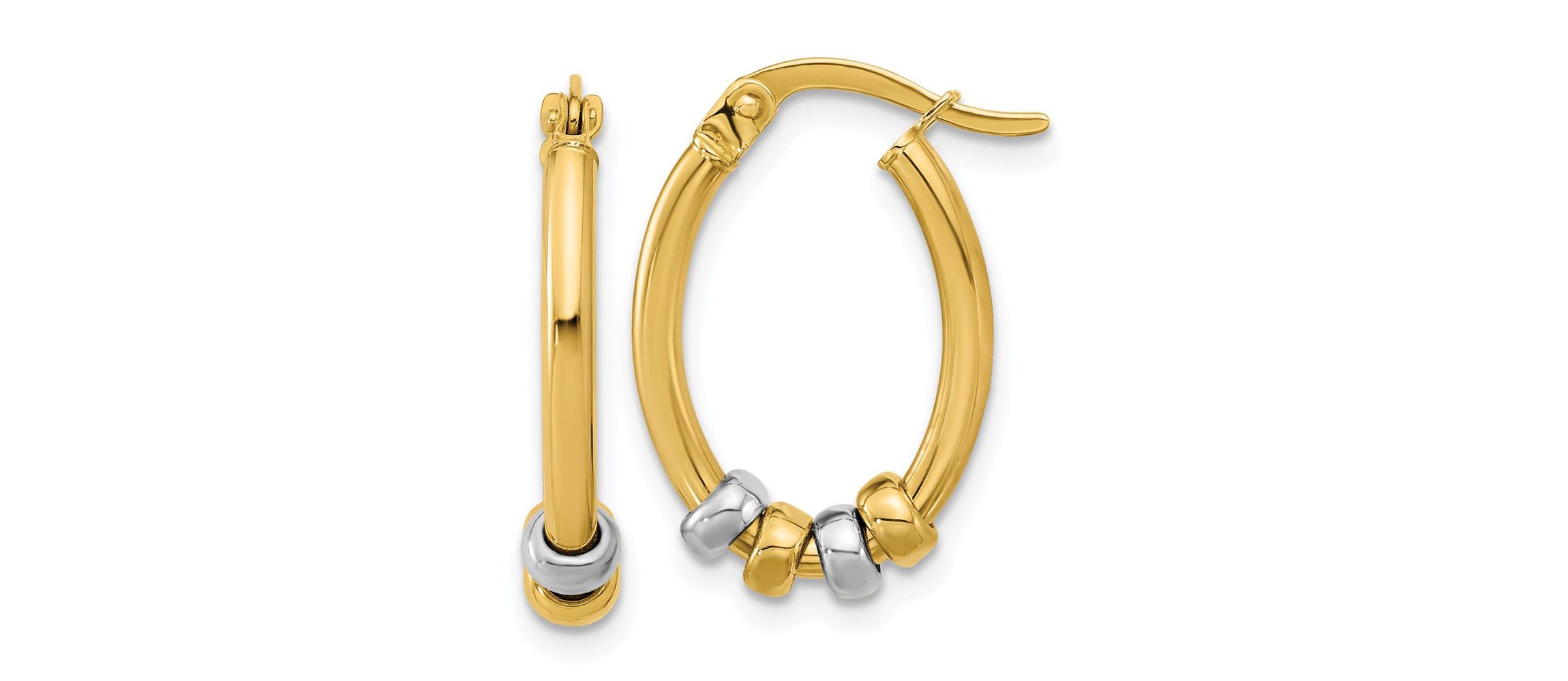 14K Two-tone Polished with Beads Oval Hoop Earrings