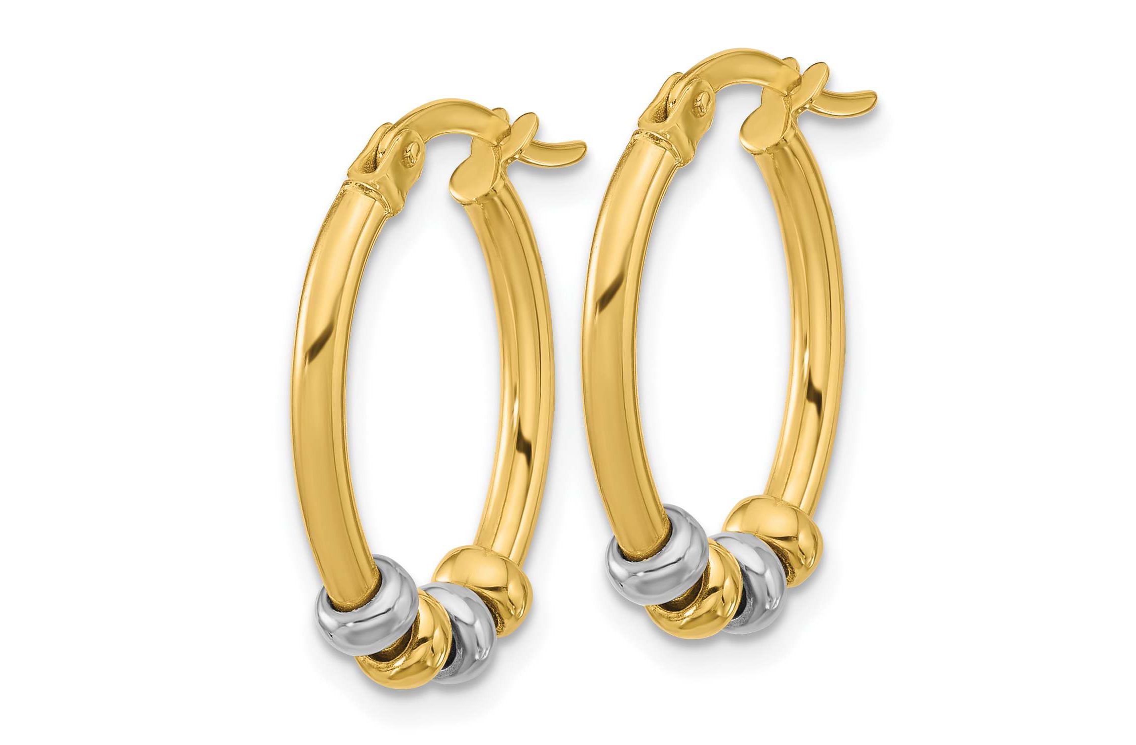 14K Two-tone Polished with Beads Oval Hoop Earrings