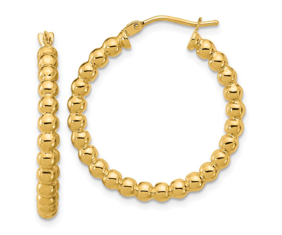 14K Yellow Gold Polished Beaded Round Hoop Earrings