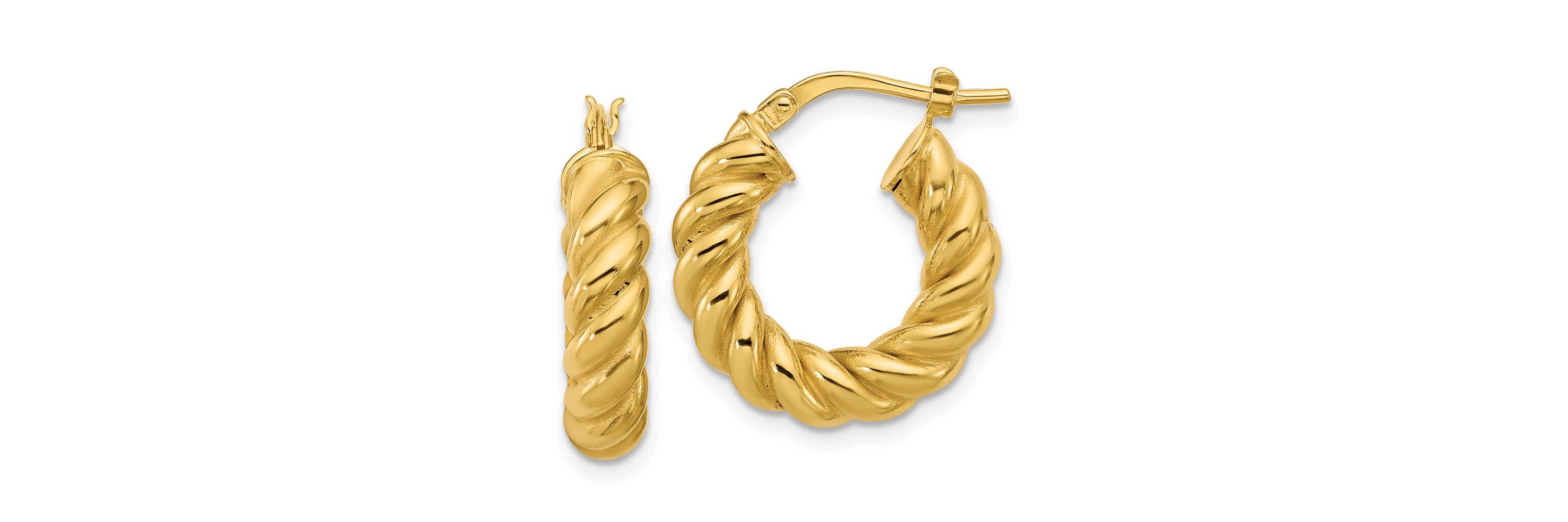 14K Yellow Gold Polished and Twisted Round Hoop Earrings