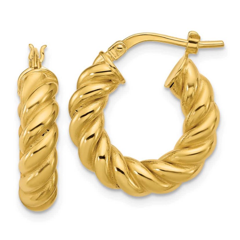 14K Yellow Gold Polished and Twisted Round Hoop Earrings