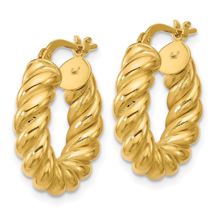 14K Yellow Gold Polished and Twisted Round Hoop Earrings