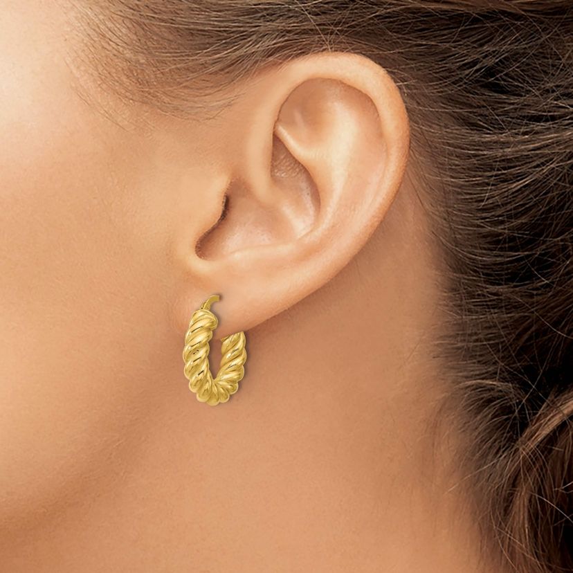 14K Yellow Gold Polished and Twisted Round Hoop Earrings