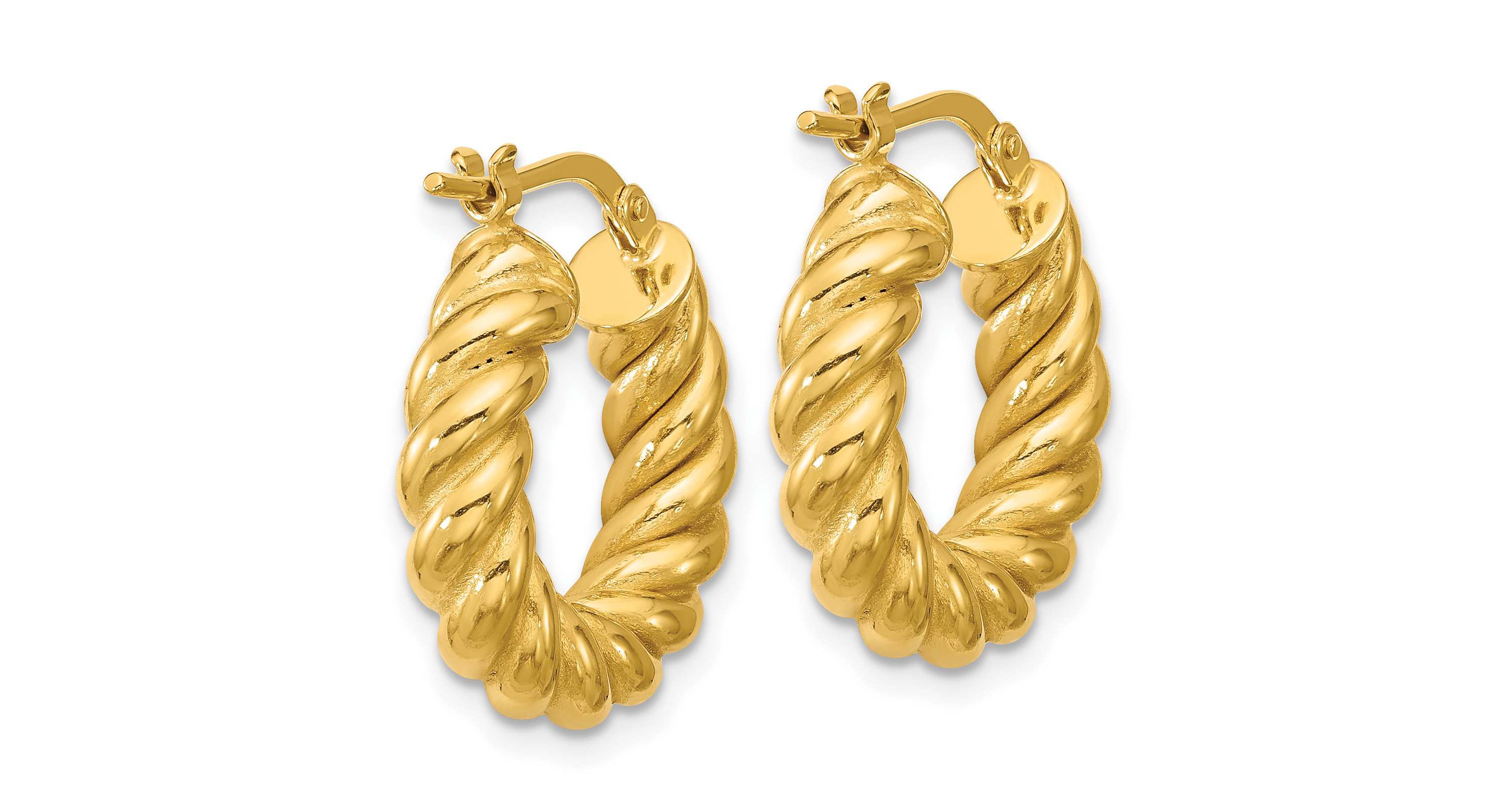 14K Yellow Gold Polished and Twisted Round Hoop Earrings