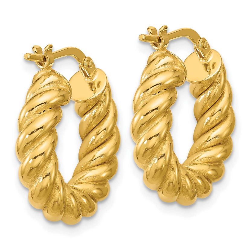 14K Yellow Gold Polished and Twisted Round Hoop Earrings