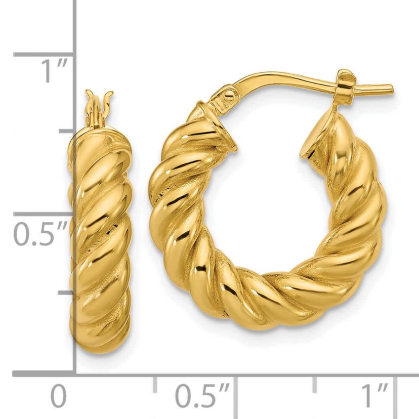 14K Yellow Gold Polished and Twisted Round Hoop Earrings
