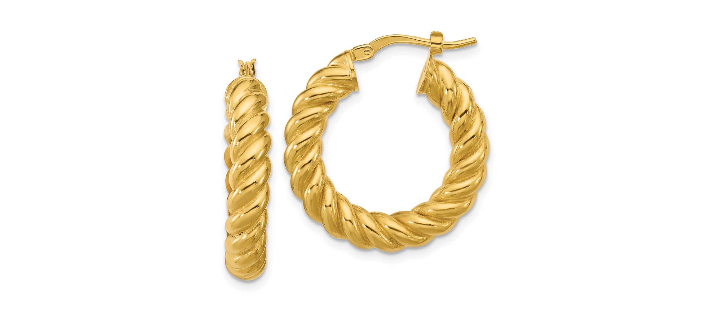14K Yellow Gold Polished and Twisted Round Hoop Earrings