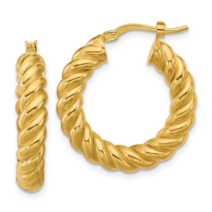 14K Yellow Gold Polished and Twisted Round Hoop Earrings