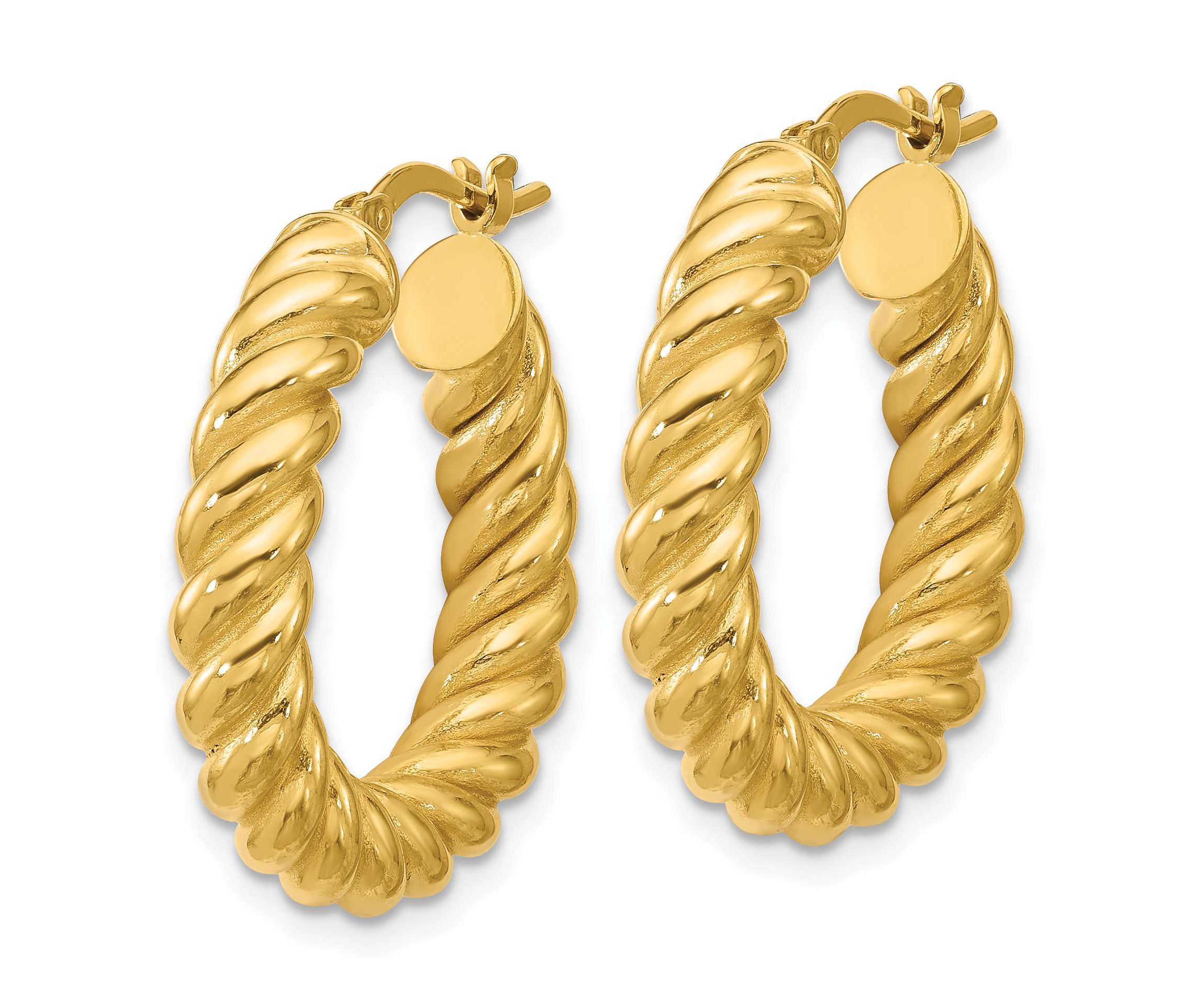 14K Yellow Gold Polished and Twisted Round Hoop Earrings