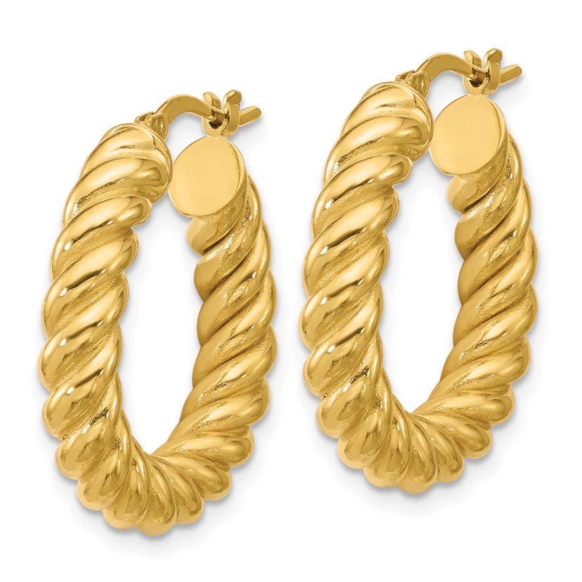 14K Yellow Gold Polished and Twisted Round Hoop Earrings