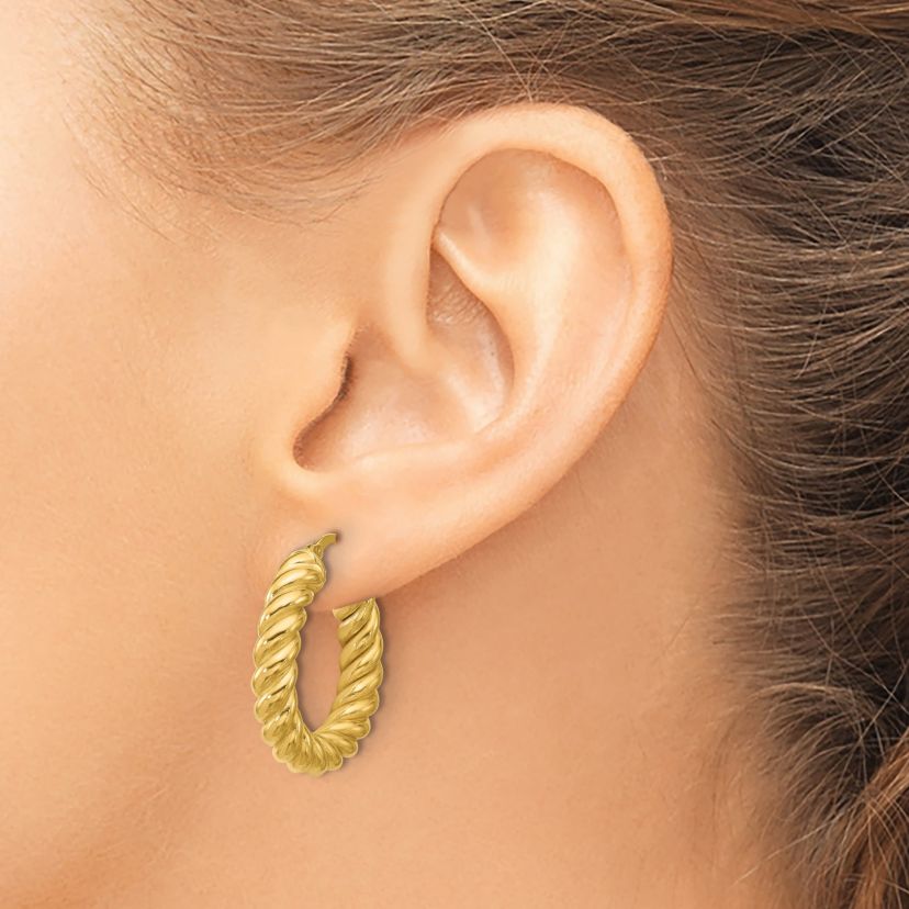 14K Yellow Gold Polished and Twisted Round Hoop Earrings