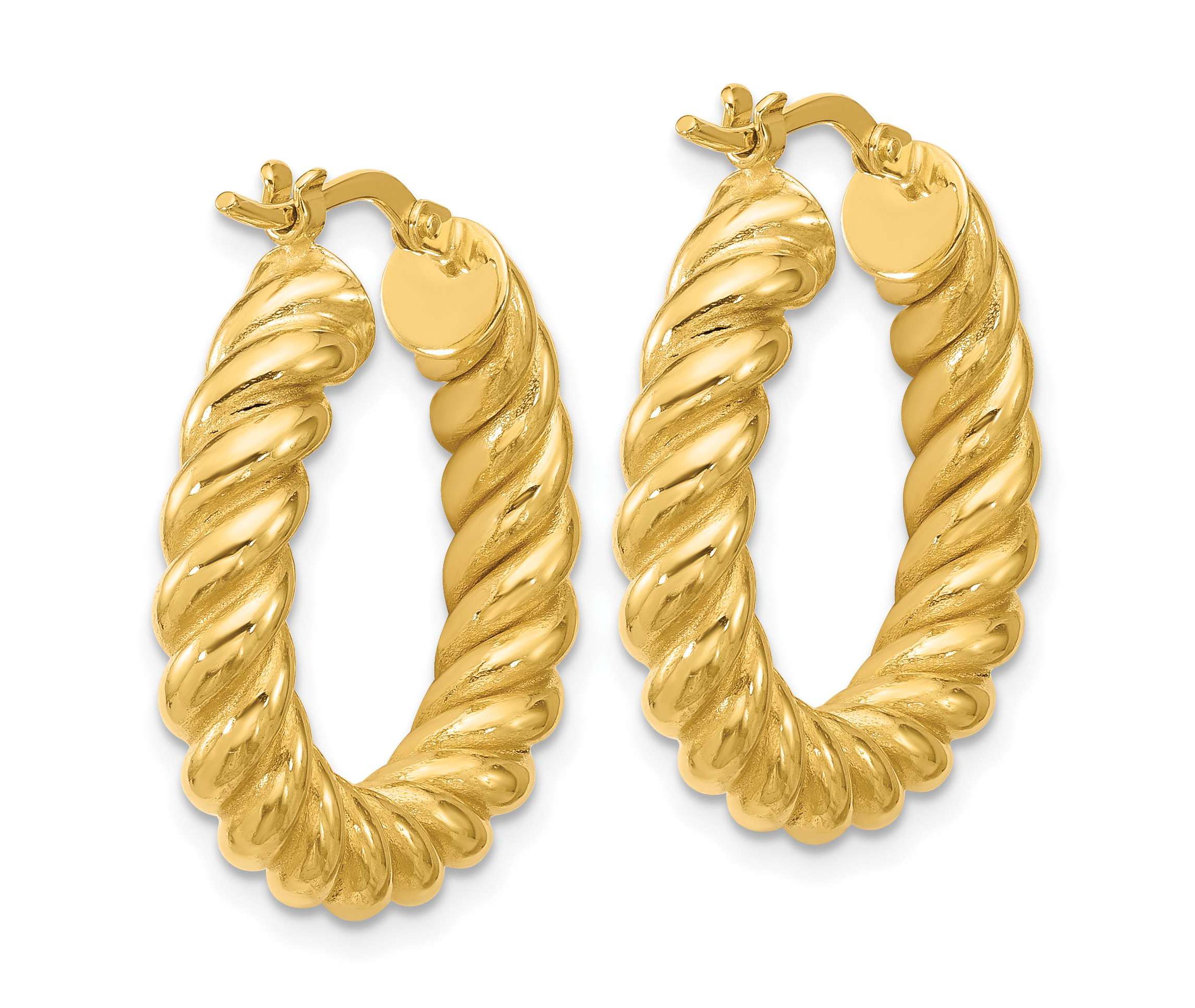 14K Yellow Gold Polished and Twisted Round Hoop Earrings