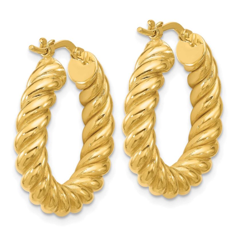 14K Yellow Gold Polished and Twisted Round Hoop Earrings
