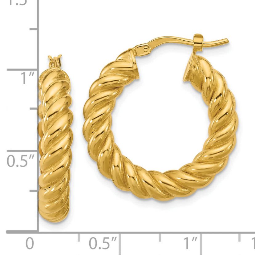 14K Yellow Gold Polished and Twisted Round Hoop Earrings