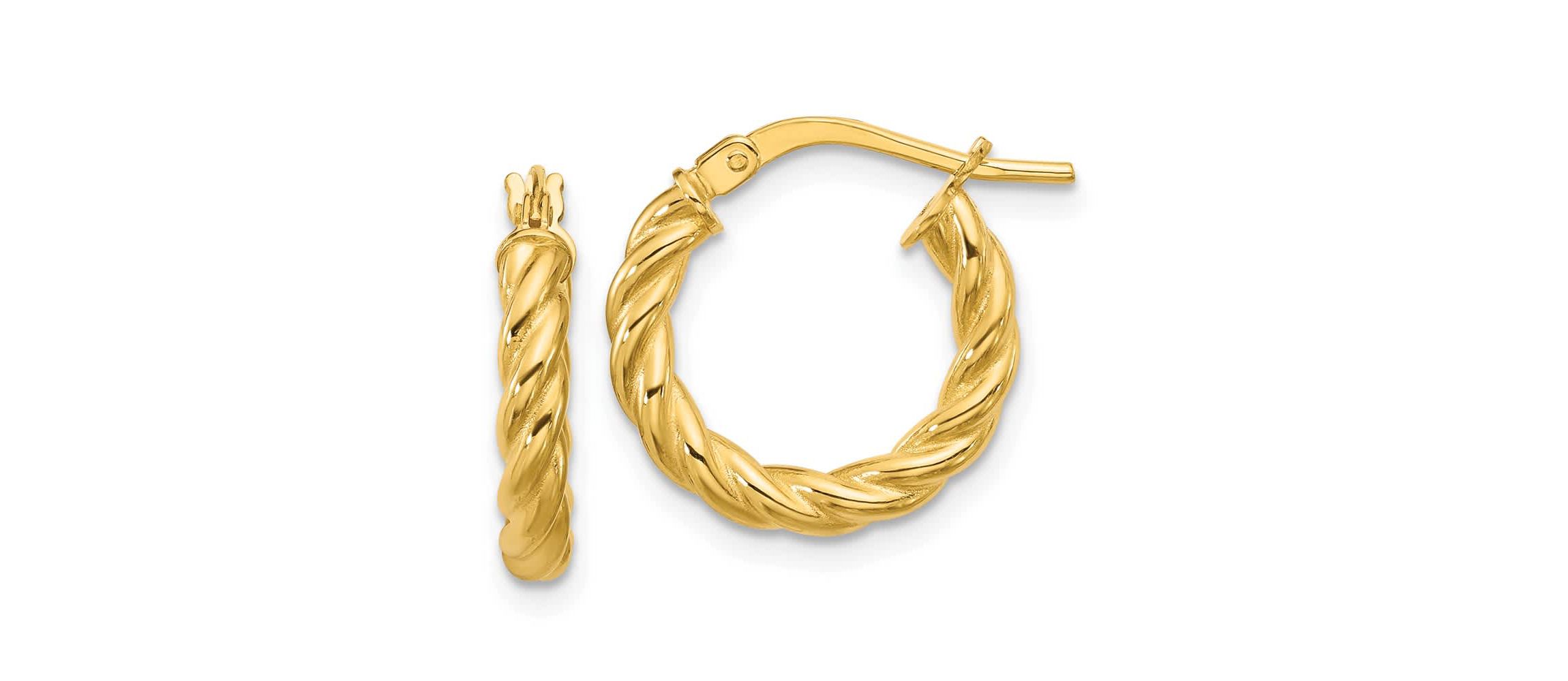 14K Yellow Gold Polished and Twisted Round Hoop Earrings