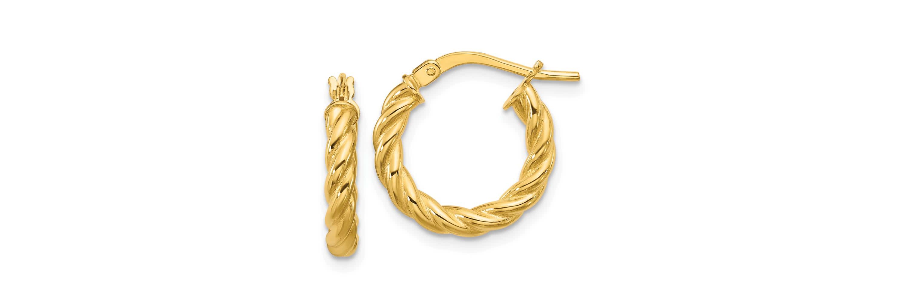 14K Yellow Gold Polished and Twisted Round Hoop Earrings