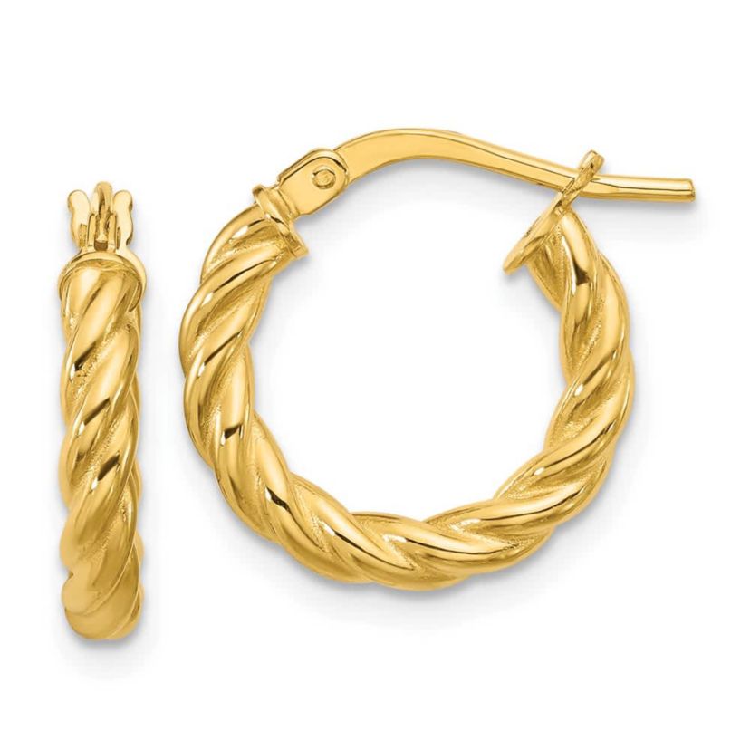 14K Yellow Gold Polished and Twisted Round Hoop Earrings