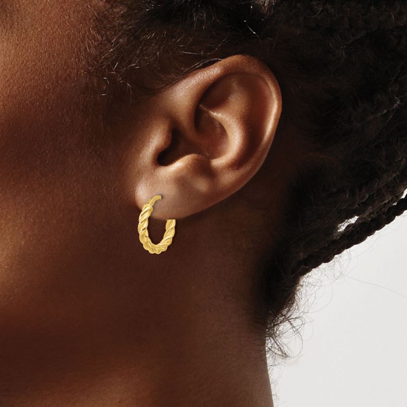 14K Yellow Gold Polished and Twisted Round Hoop Earrings