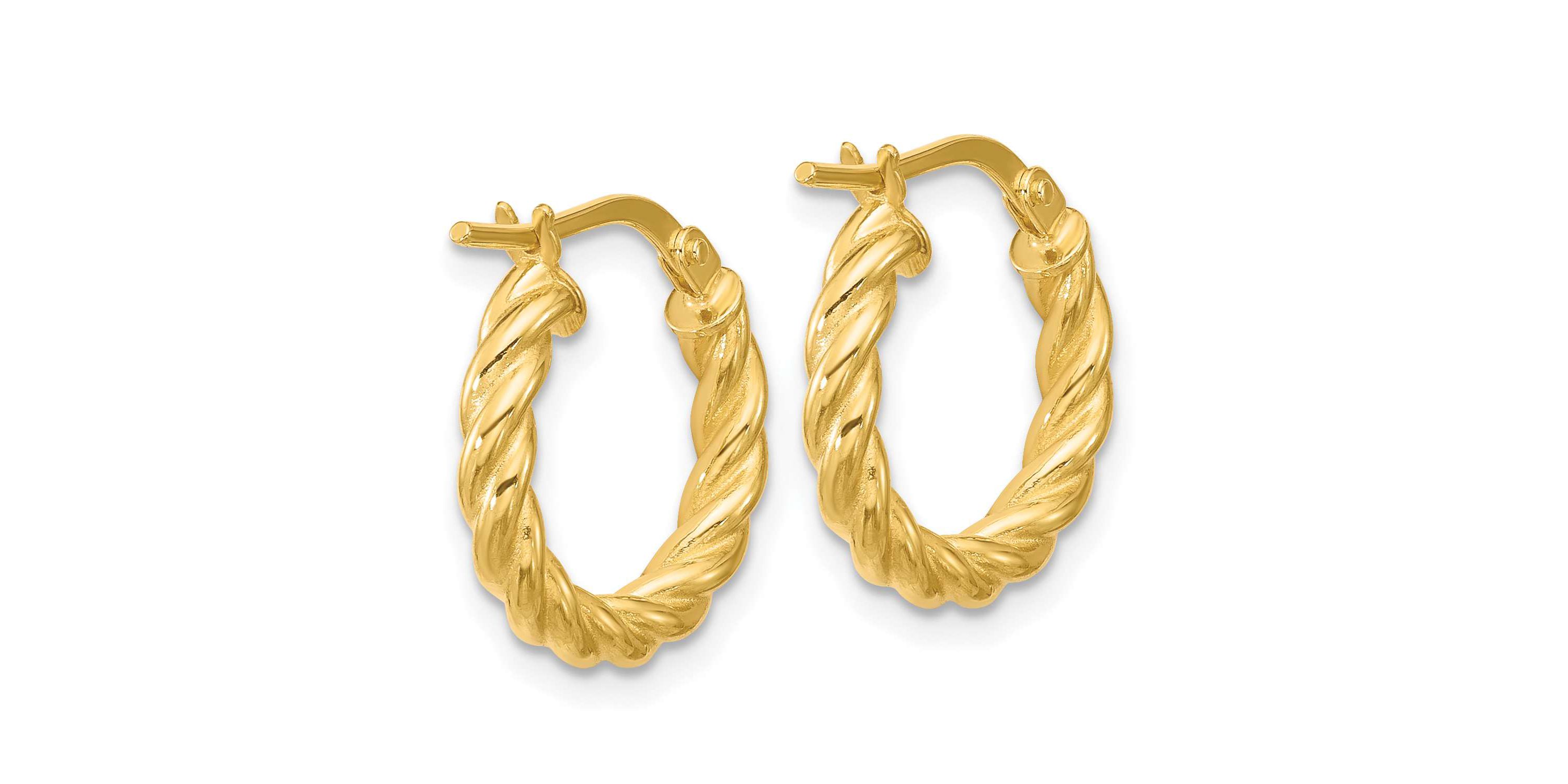 14K Yellow Gold Polished and Twisted Round Hoop Earrings