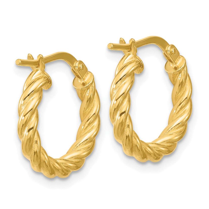 14K Yellow Gold Polished and Twisted Round Hoop Earrings