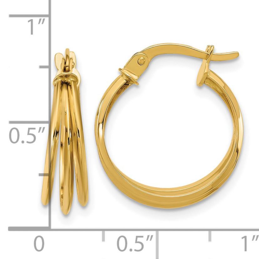 14K Yellow Gold Polished 3-row Round Hoop Earrings