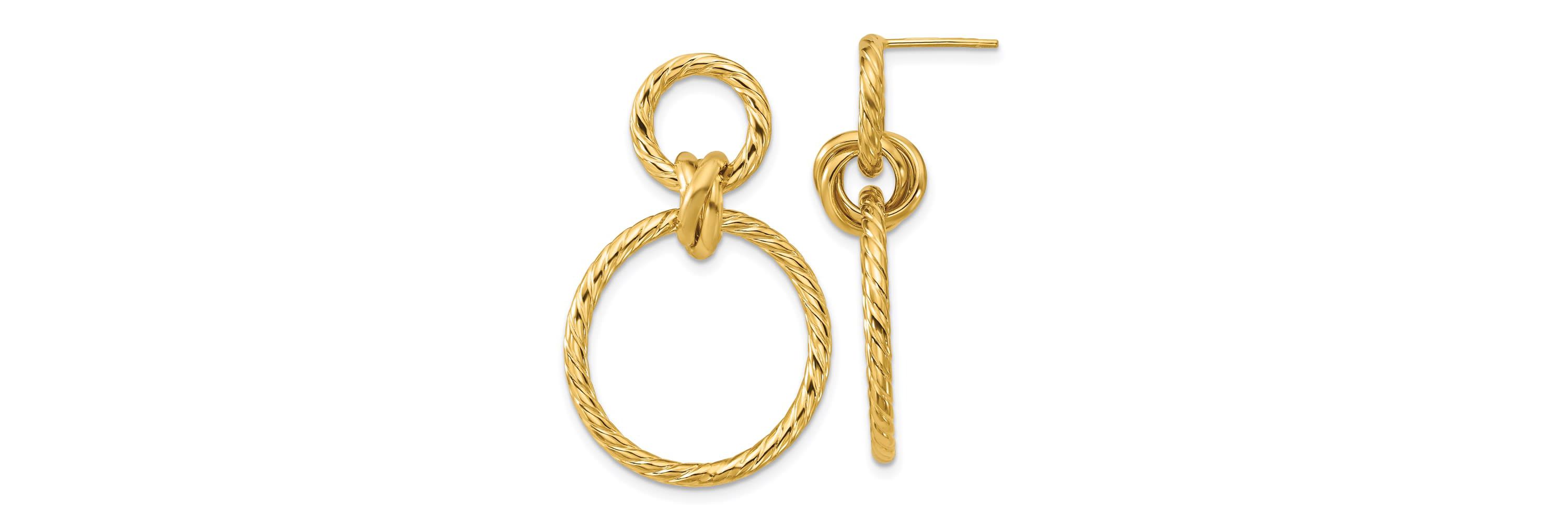 14K Yellow Gold Polished and Twisted Circles Dangle Post Earrings