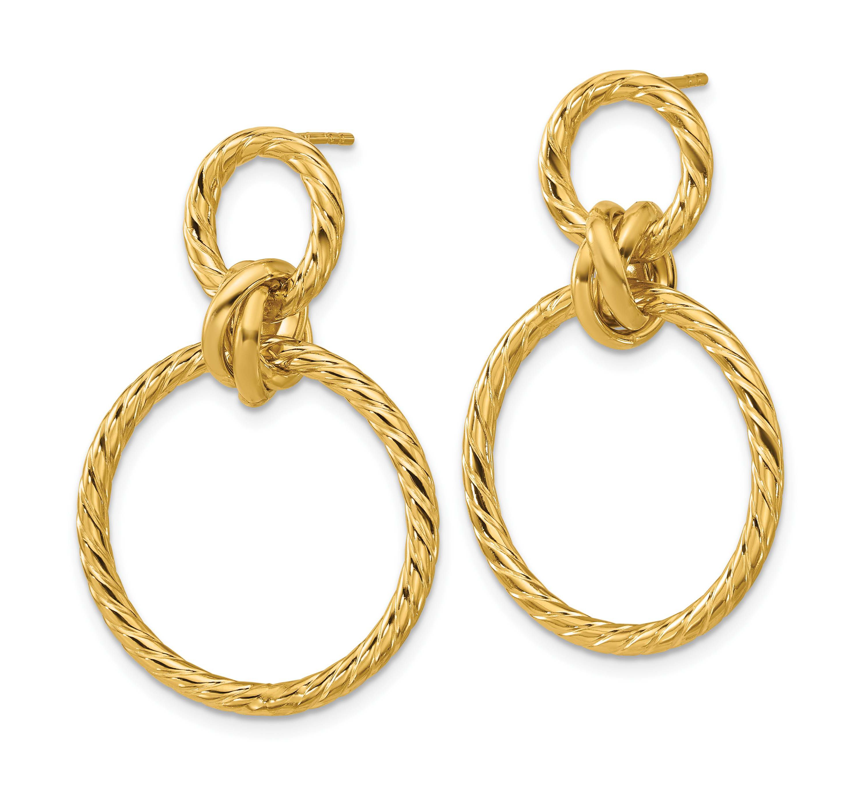 14K Yellow Gold Polished and Twisted Circles Dangle Post Earrings