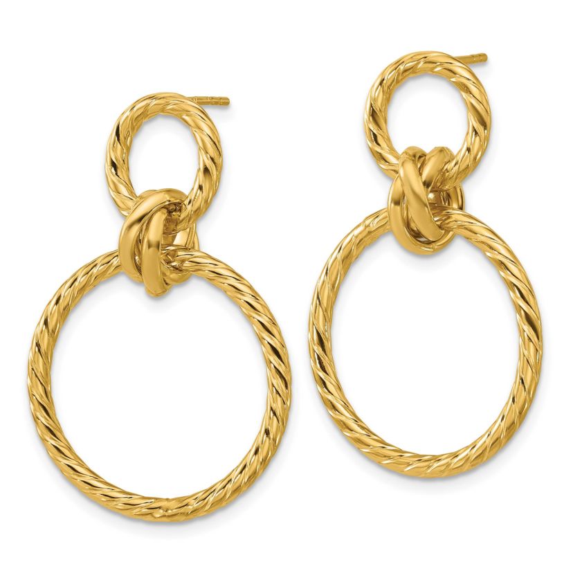 14K Yellow Gold Polished and Twisted Circles Dangle Post Earrings