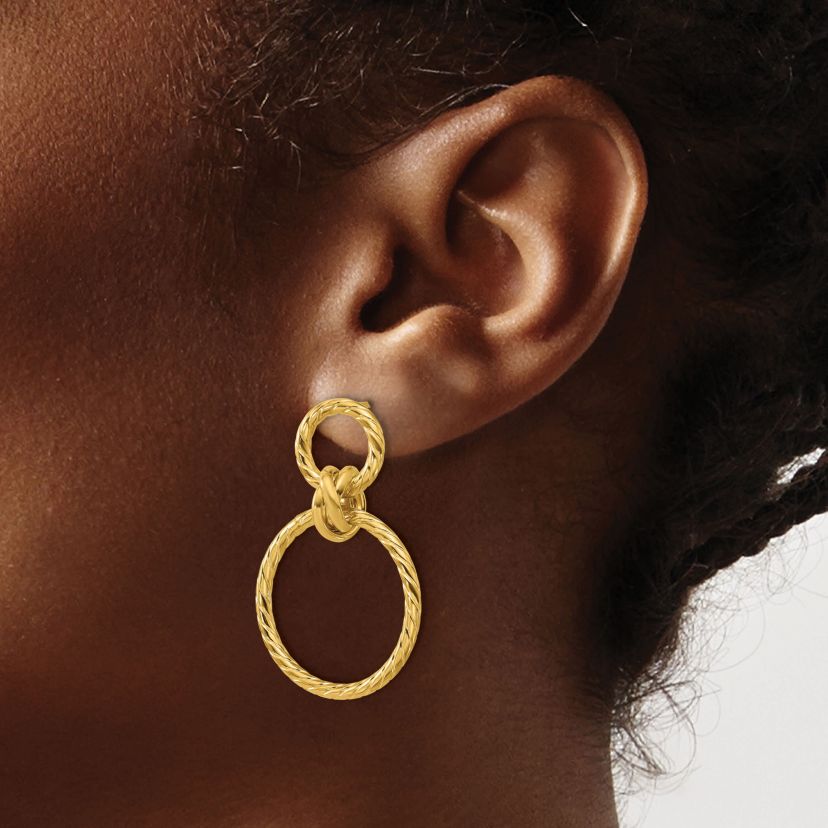 14K Yellow Gold Polished and Twisted Circles Dangle Post Earrings