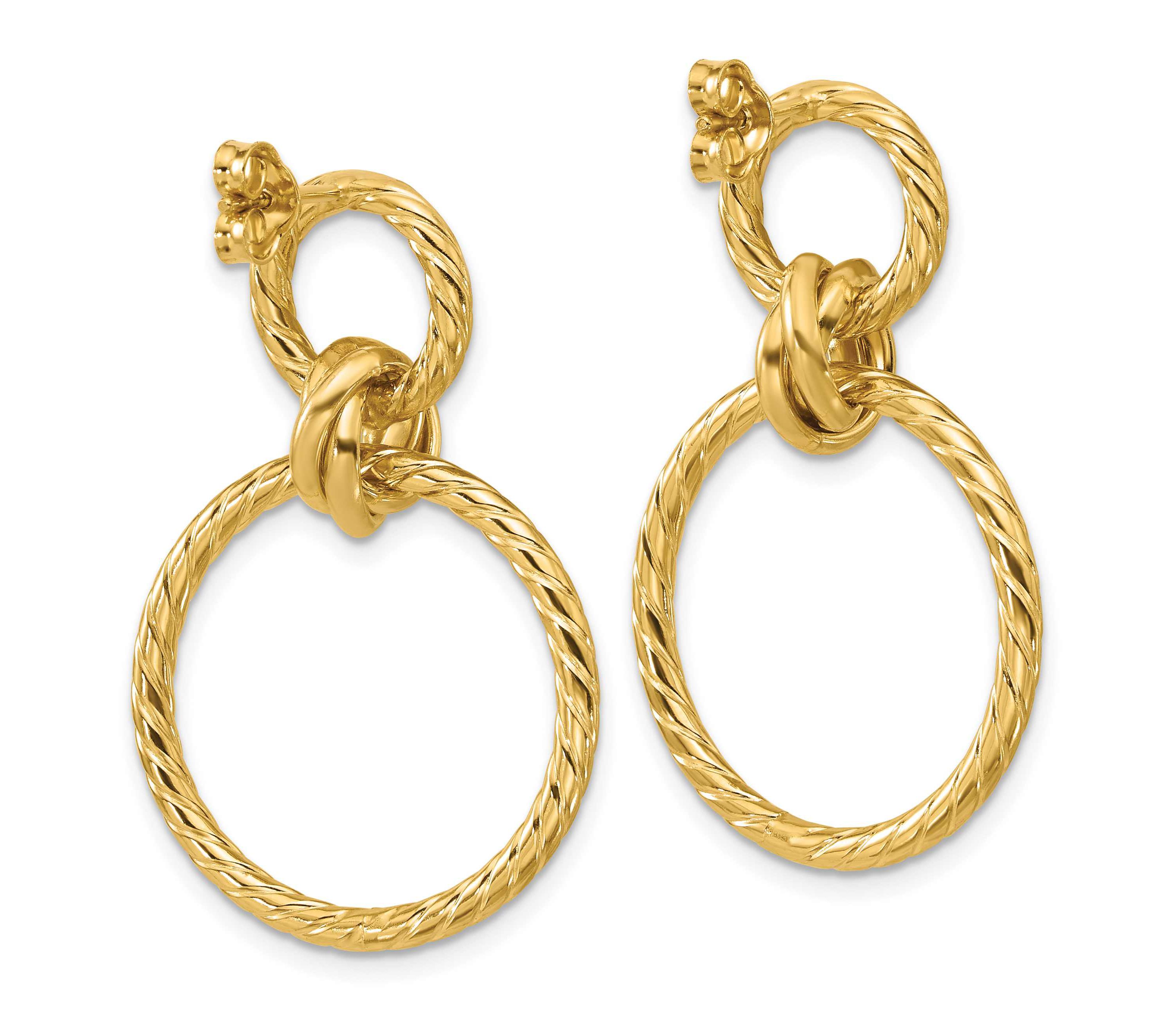 14K Yellow Gold Polished and Twisted Circles Dangle Post Earrings